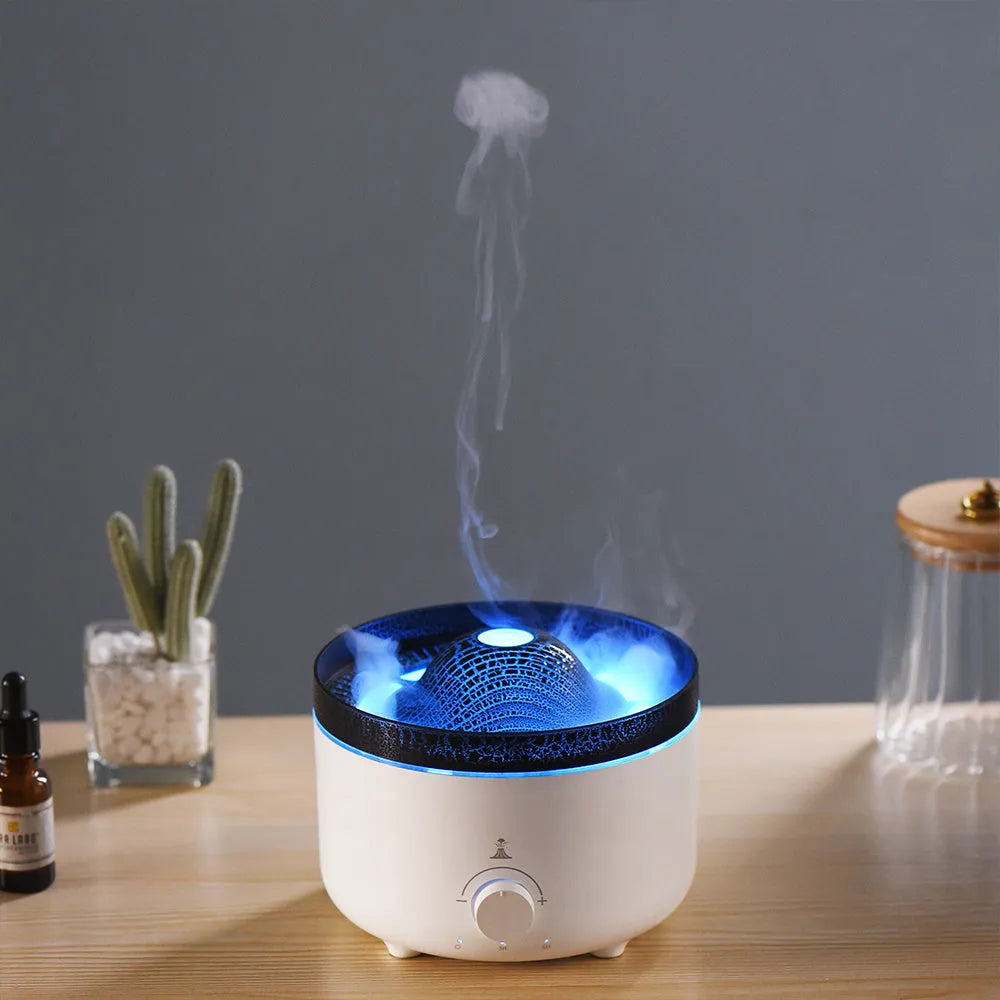 White volcano-shaped humidifier and essential oil diffuser with orange and blue simulated flame light effect.