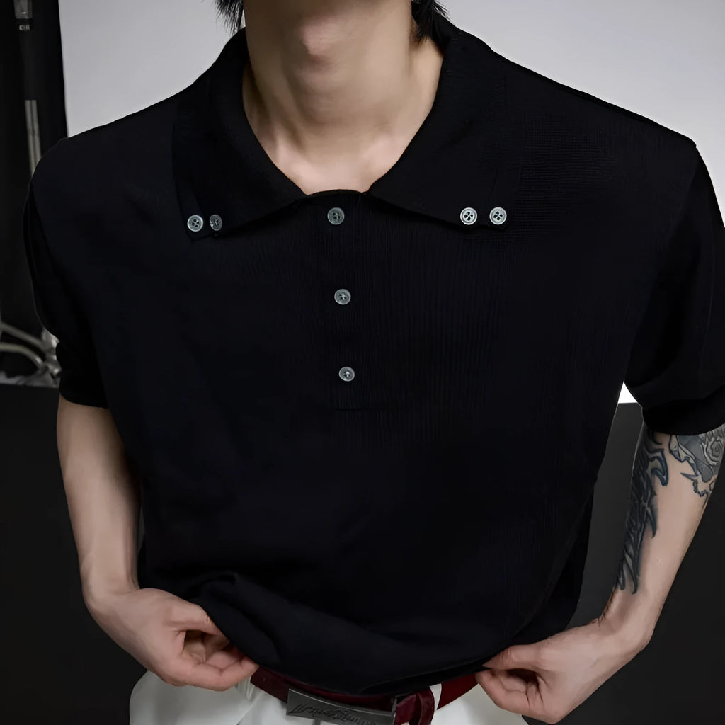 Men's loose fit short sleeve shirt with double collar lapel design in polyester knit fabric