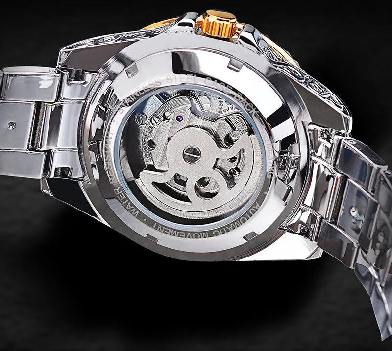 Forsining yellow skeleton tourbillon mechanical watch with 44mm stainless steel case