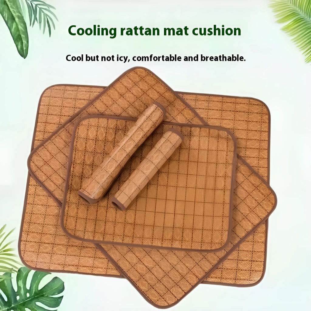 Brown rattan fibre dog cooling mat shown on a floor, available in multiple sizes.
