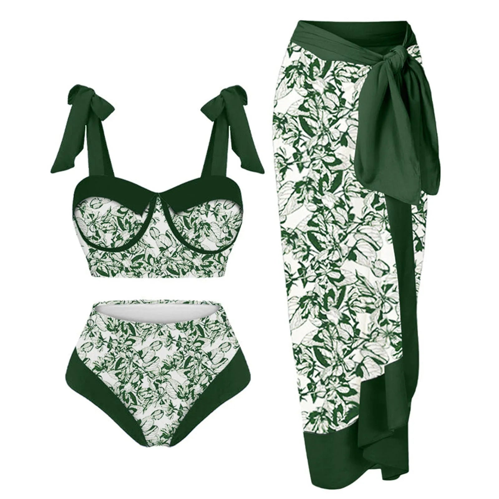 Women's printing split swimsuit three-piece set in polyester fabric showing skirt, bra, and panties components