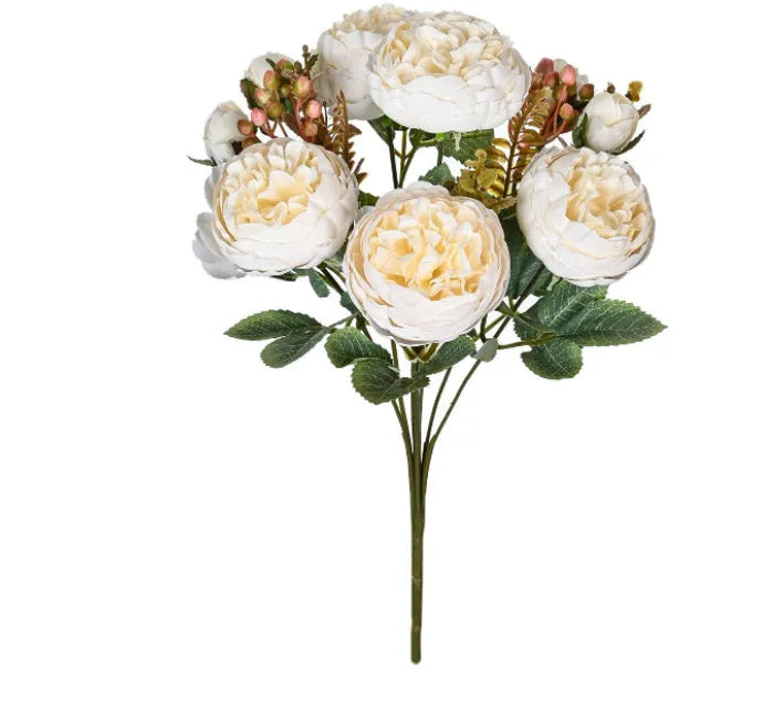 Artificial silk peony flower bouquet in champagne, pink, purple, sand red, or white for home and event decoration.