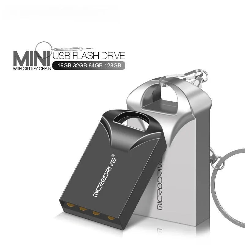 Compact black or silver metal USB flash drive with capacity options from 4GB to 128GB