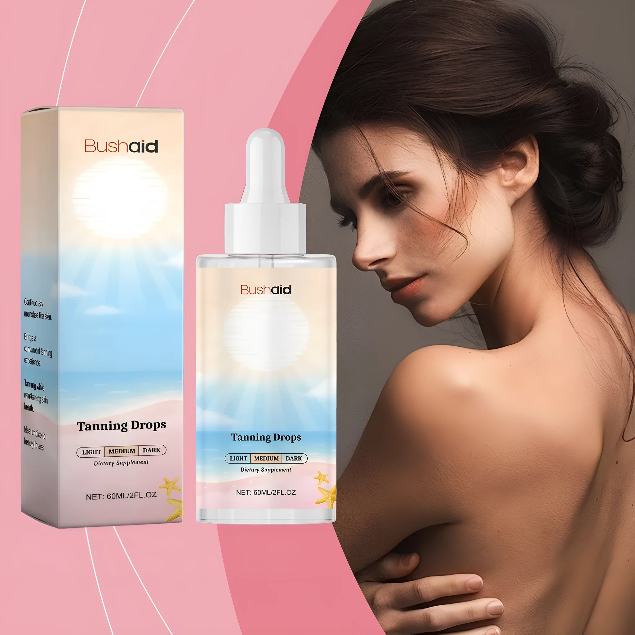 60ml bottle of no sunlight tanning drops for body care in 31x31x126mm container