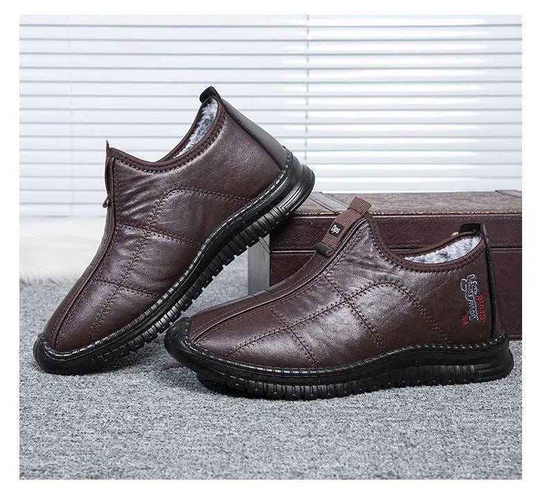 Men's brown casual winter cotton boots with a round toe and lace-up front on a white background.