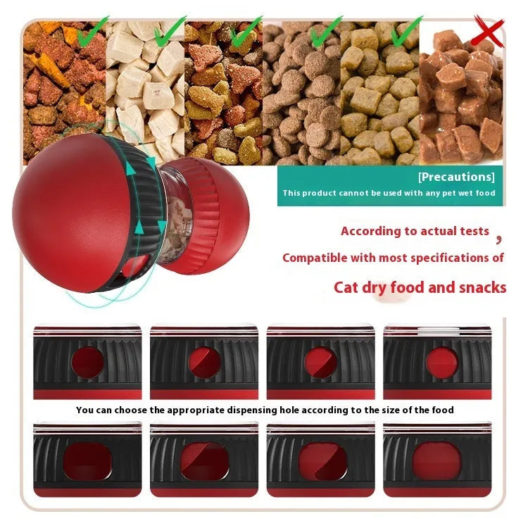 Rotating plastic cat toy ball with food dropping compartment and sound feature.