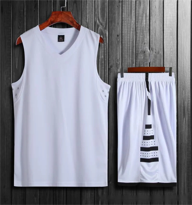 Chemical fibre blend sports vest and pants set for basketball training and campus competitions in white or black