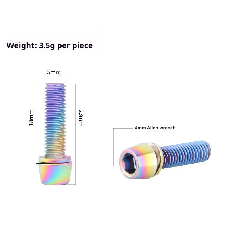 Set of six coloured stainless steel screws for mountain bike handlebar riser installation.