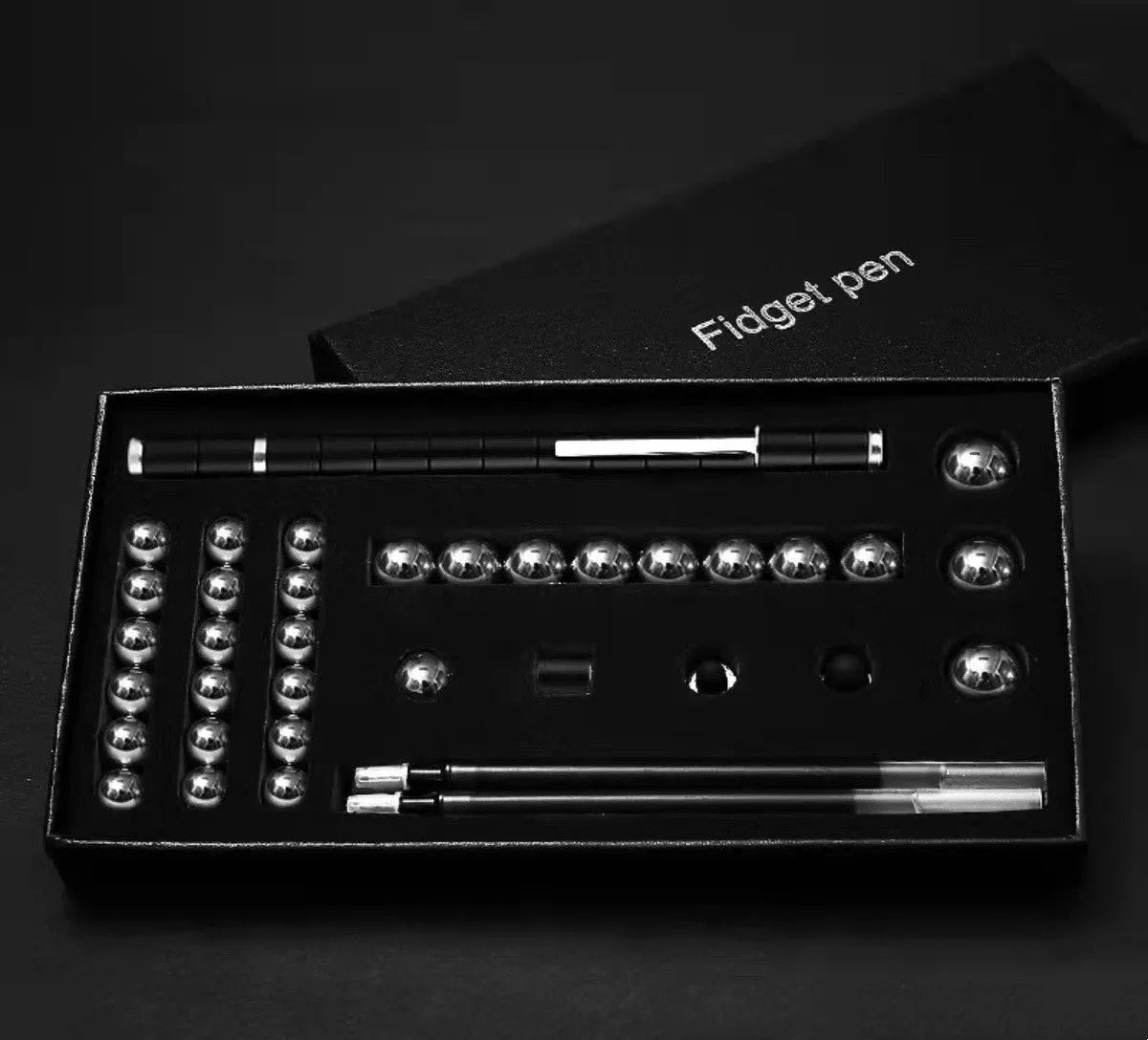 Magnetic modular pen set in silver iron box with 13 rings, 12 balls, 3 refills, 2 capacitor heads, and upgraded magnets