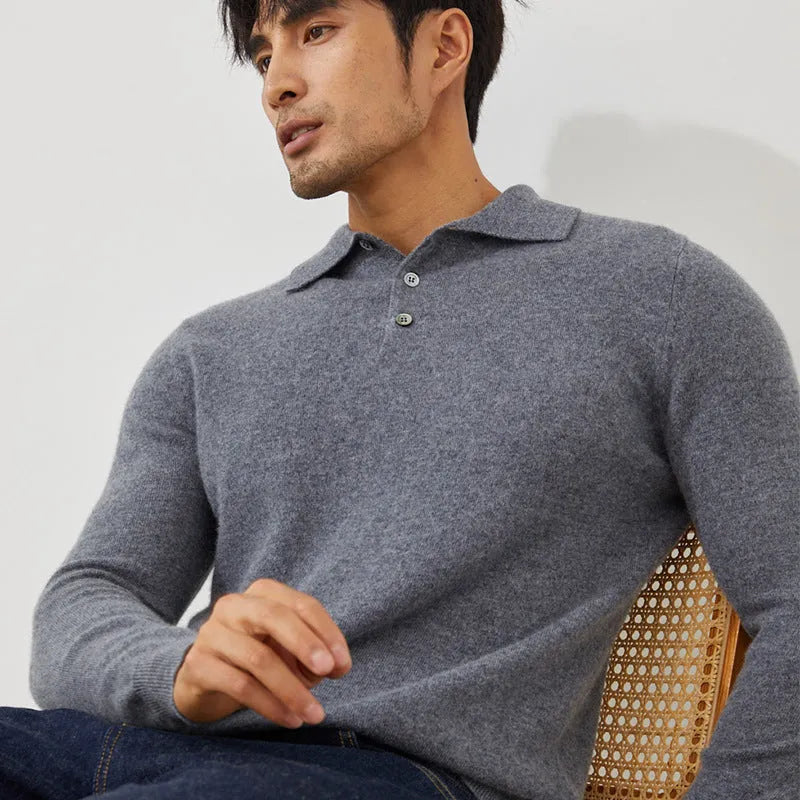 Men's sapphire blue cashmere polo collar pullover sweater with short sleeves on hanger