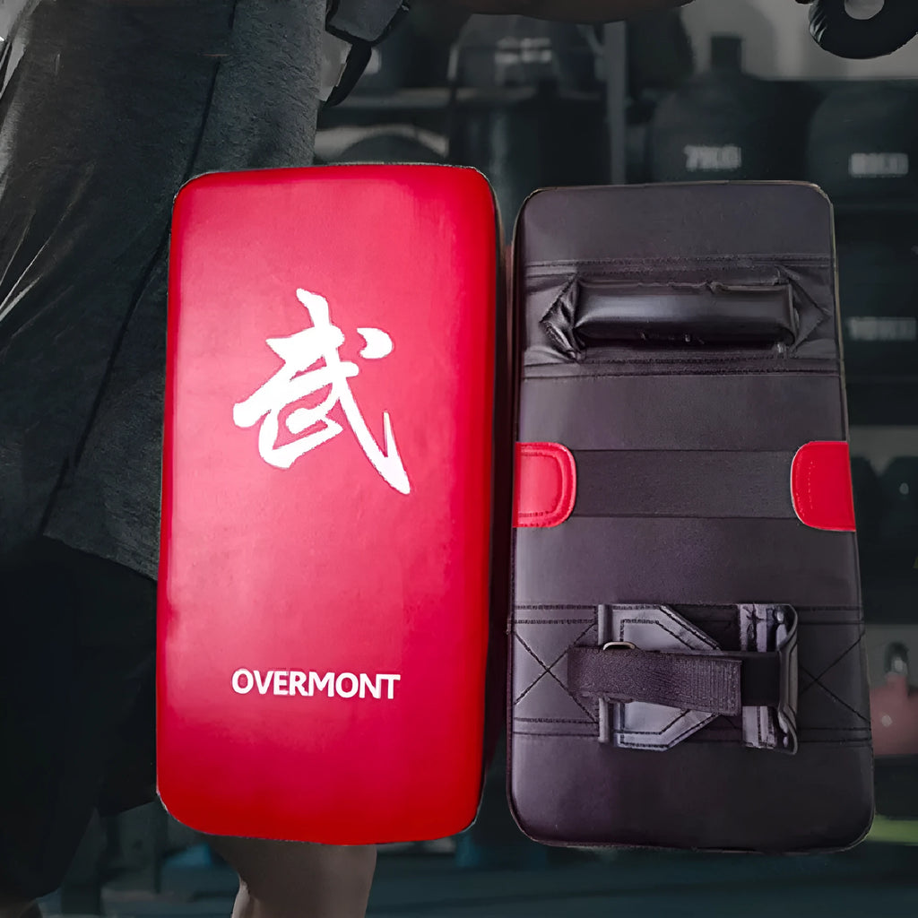Red martial arts boxing kick target training pad measuring 40x20cm with hand-sewn construction