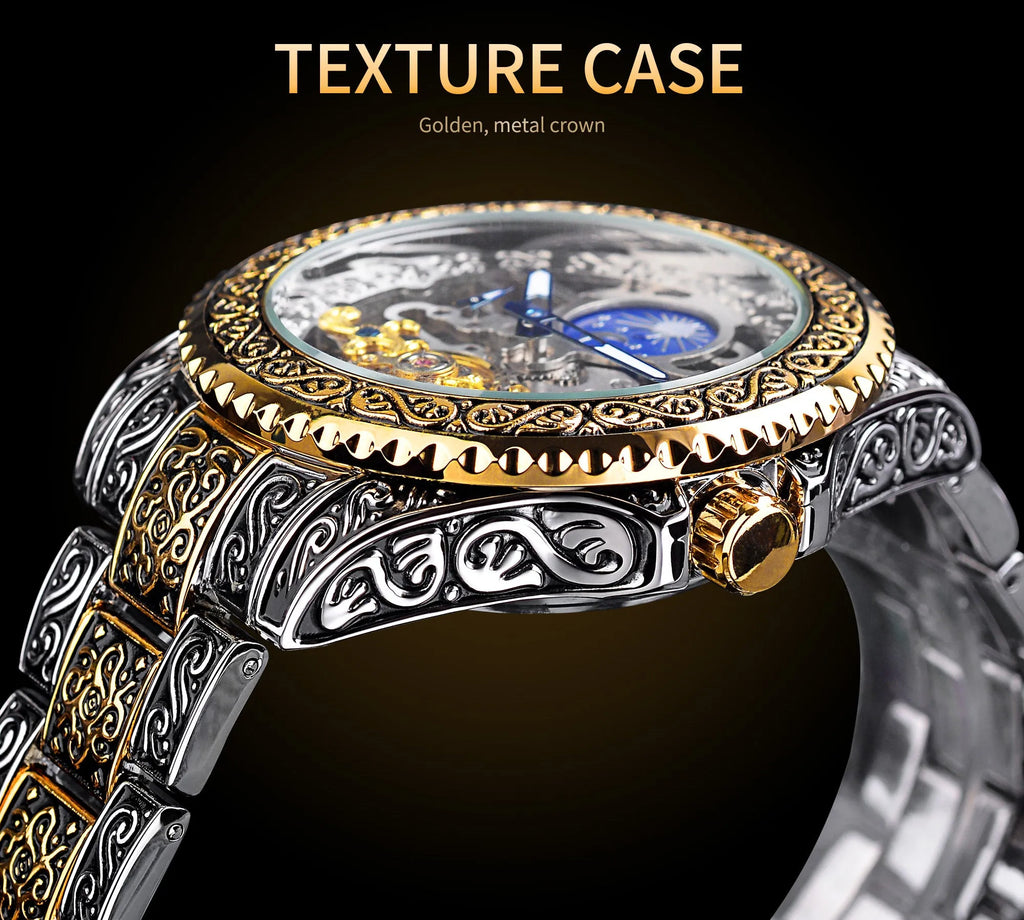 Forsining yellow skeleton tourbillon mechanical watch with 44mm stainless steel case