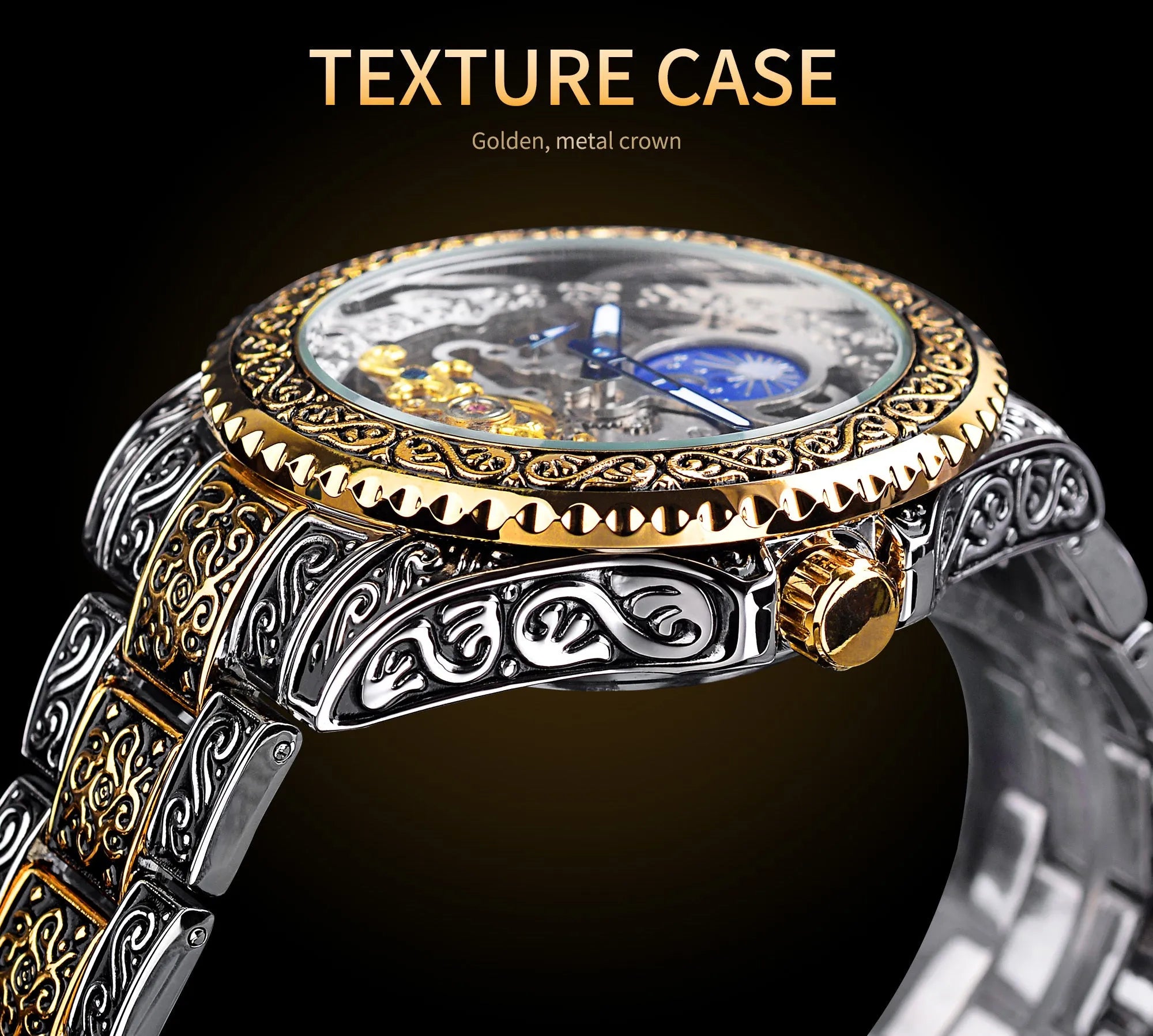 Forsining yellow skeleton tourbillon mechanical watch with 44mm stainless steel case