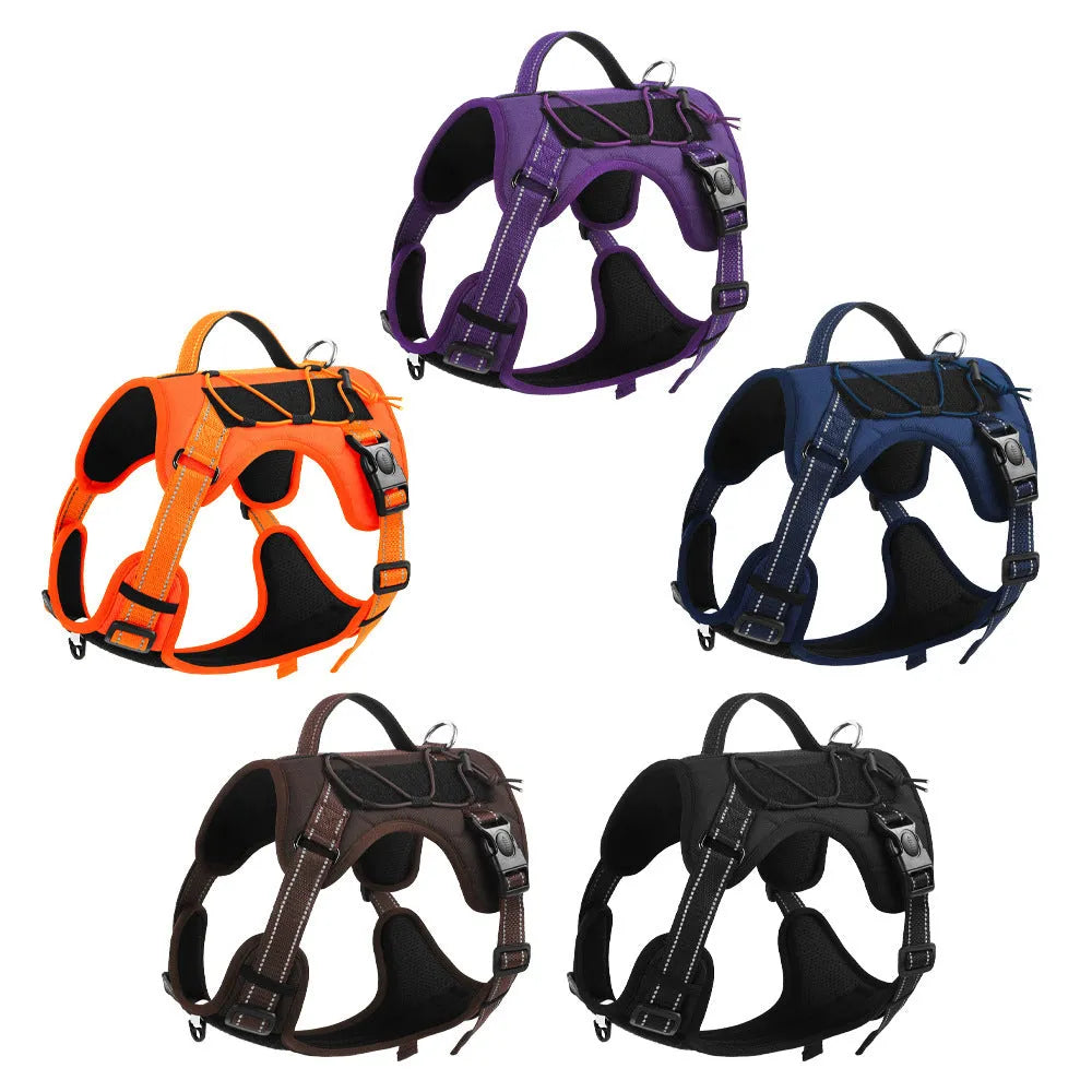 Orange reflective dog harness with an attached black hand-holding rope, shown on a medium-sized dog.