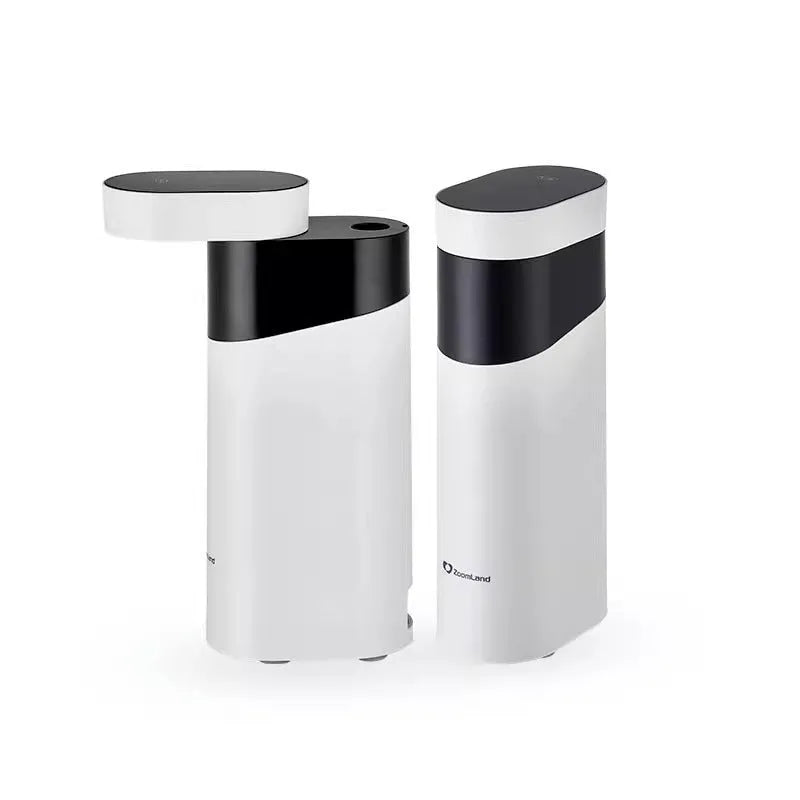 Black and green compact desktop instant hot water dispenser with digital display and water tank.