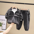 Boys black and blue denim two-piece suit set with long sleeves in Korean style children's clothing