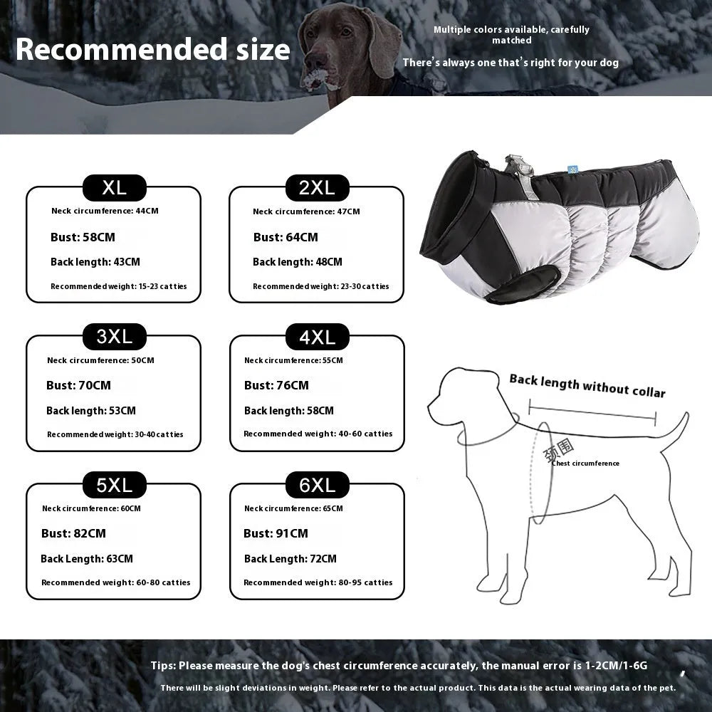 A large dog wearing a reflective waterproof winter coat in polar fleece, available in black, blue, red and rose red.