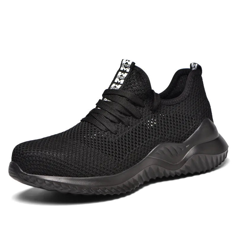 Black anti-static steel toe cap safety shoes with a low-cut EVA construction.