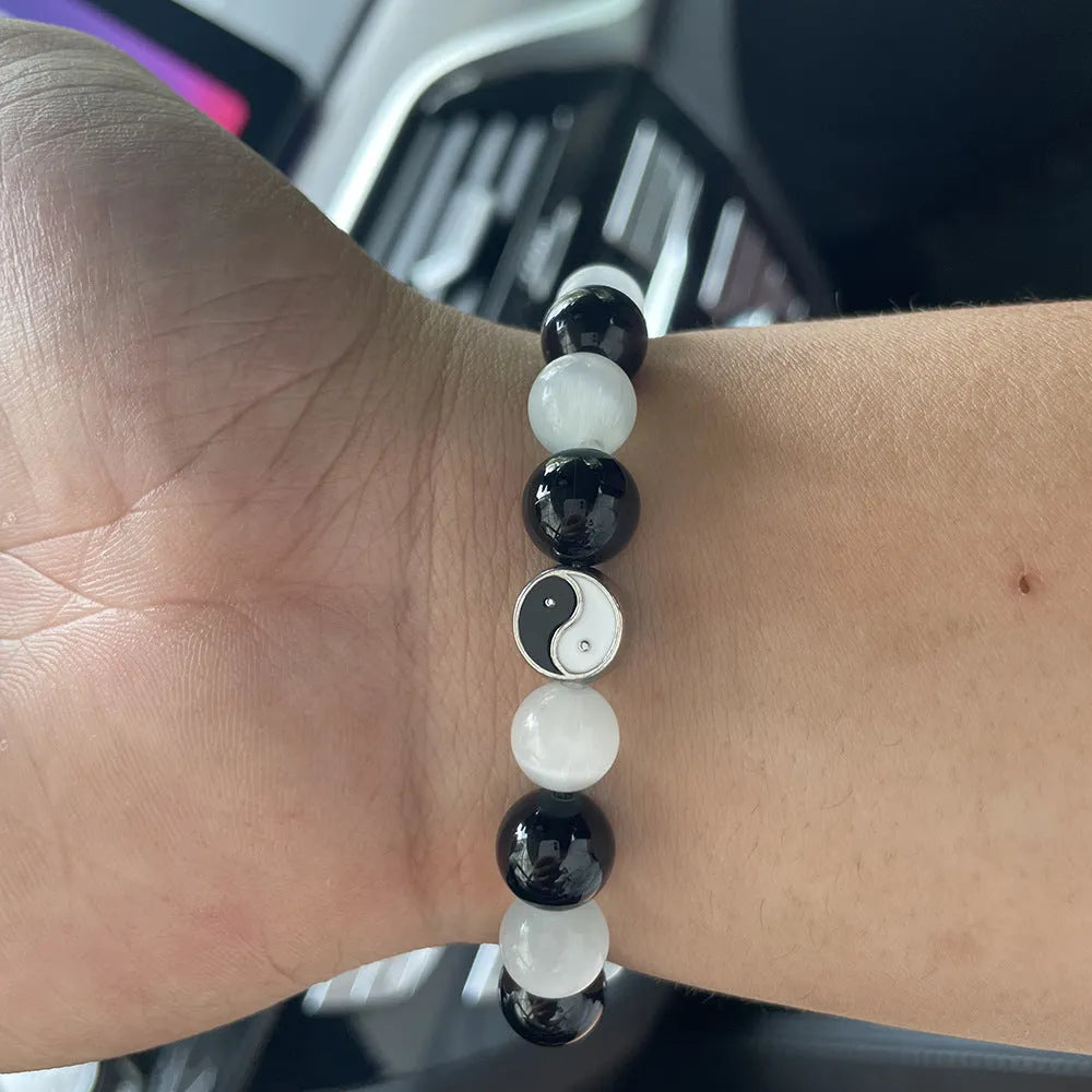 Natural stone Tai Chi bracelet with 10mm polished opal and black agate beads, unisex design
