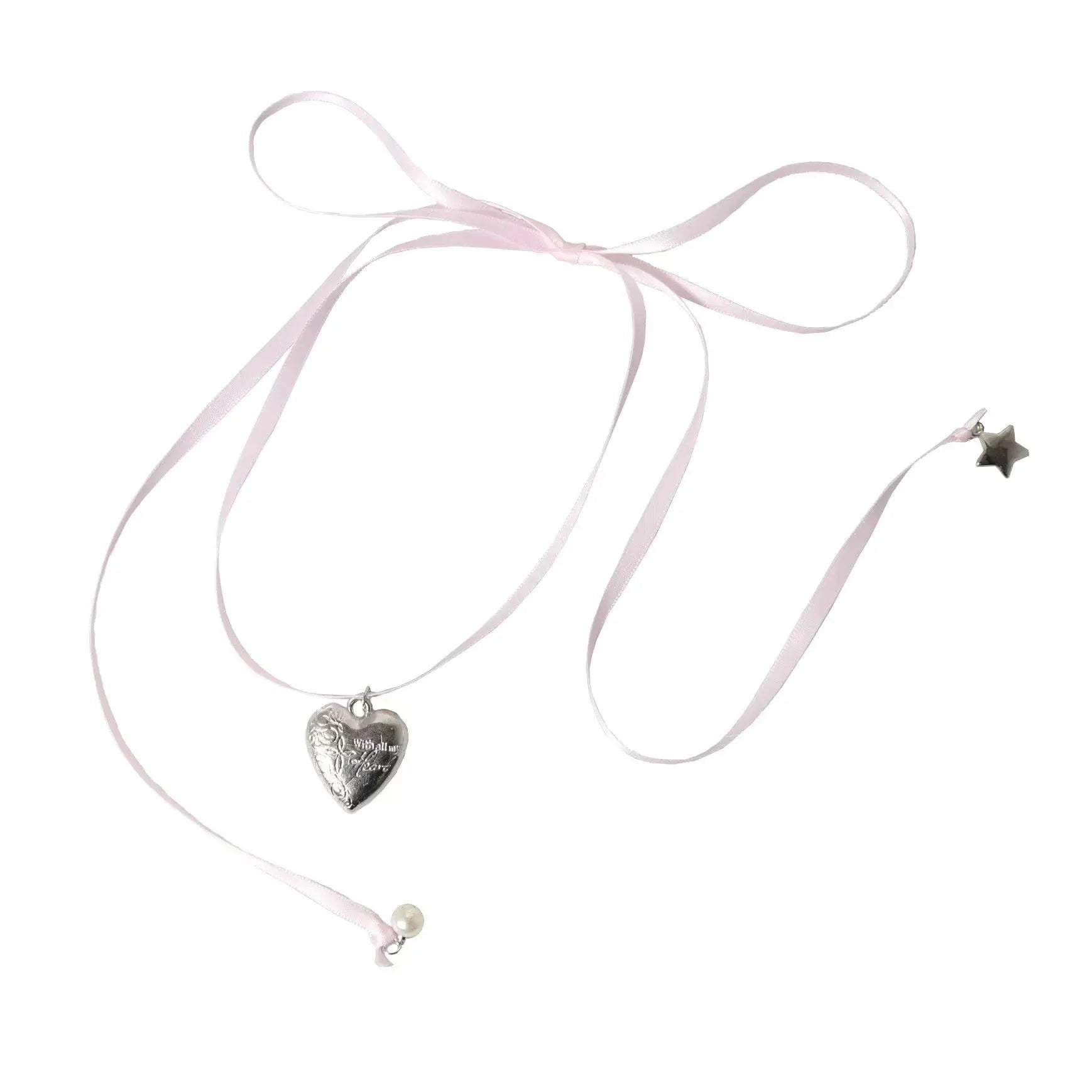 Women's ribbon love pendant necklace on clavicle chain in alloy with electroplated finish