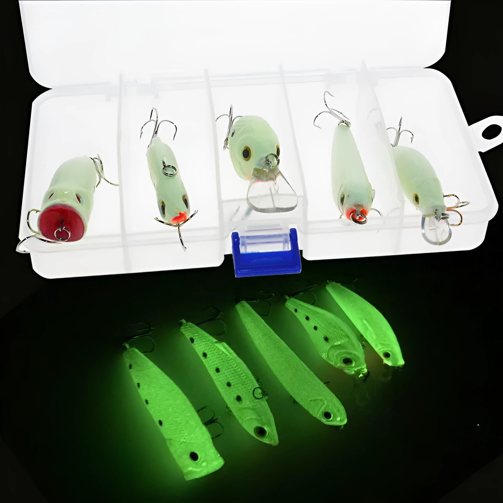 Set of five 3D fluorescent hard fishing lures with luminous details on a blue background.