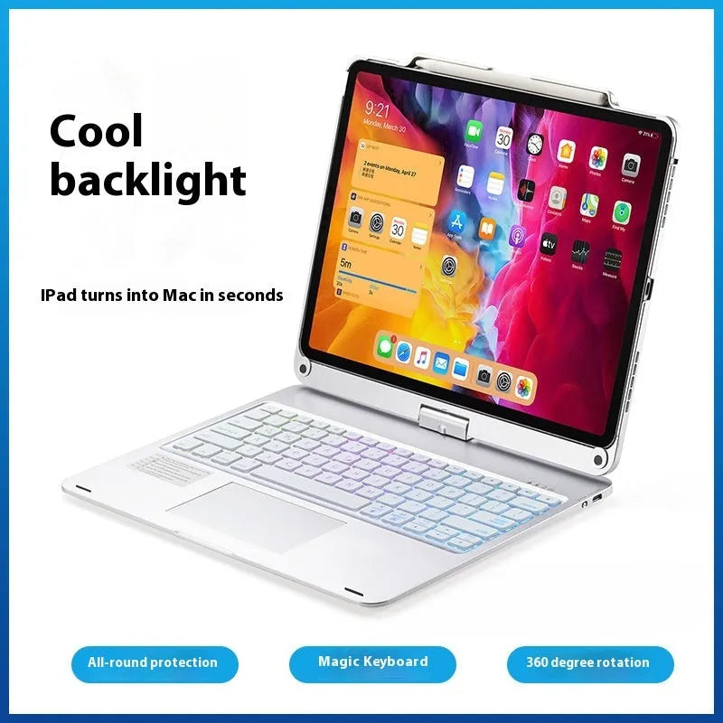 Miaocontrol rotating Bluetooth keyboard showing 360-degree swivel mechanism with iPad attached