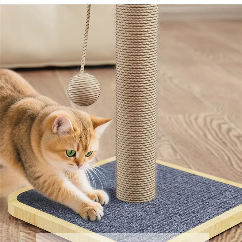 Simple style cat climbing frame with a hanging ball toy, made from pine wood and carpet leather.