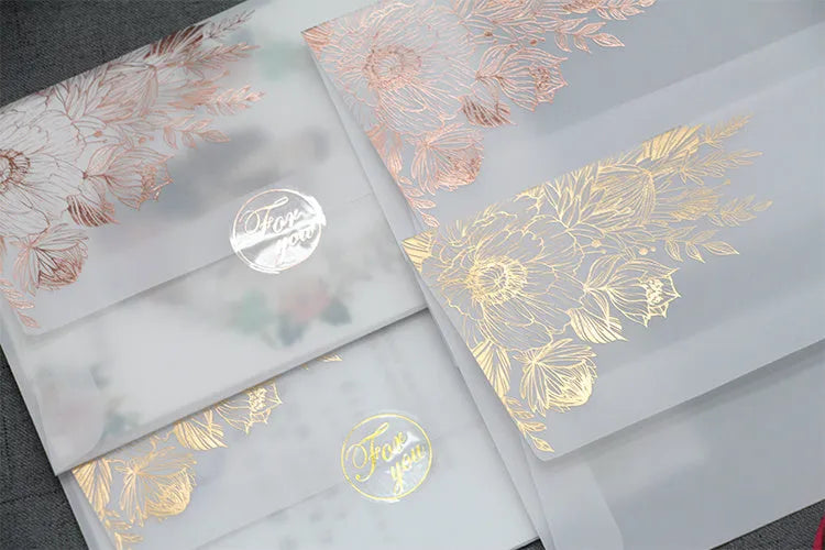 Sulfuric acid paper invitation cards with bronzing matte varnish in gold and rose gold colours