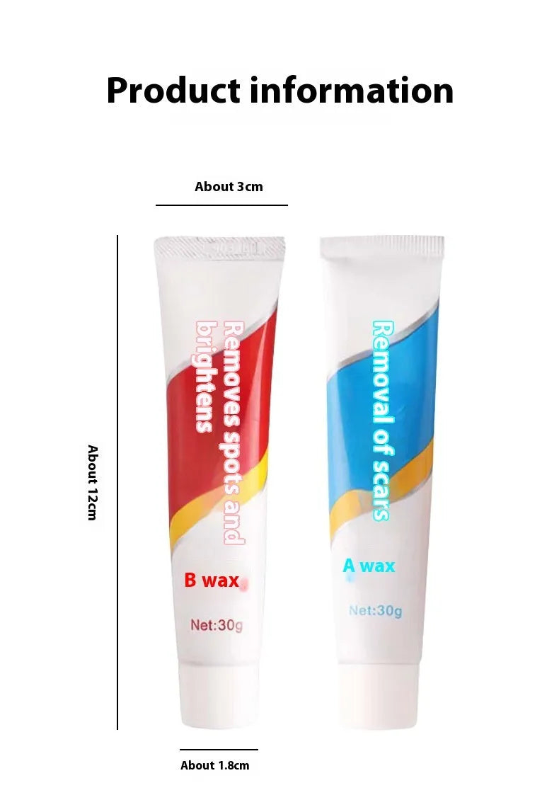 Car repair wax kit with A and B wax bottles and a frosted sponge applicator for scratch removal.