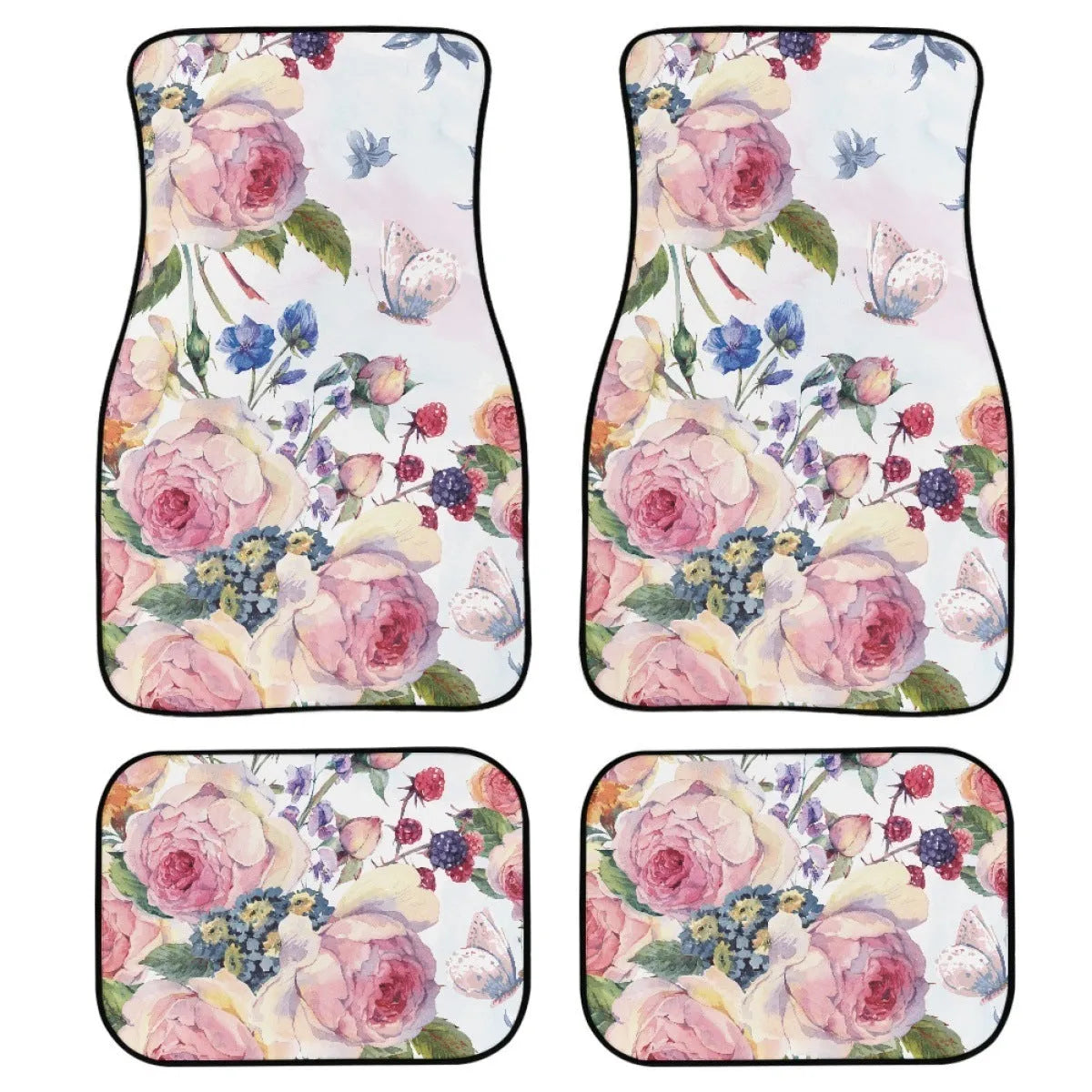 Black printed rubber car foot mat set showing four pieces for vehicle footwells.