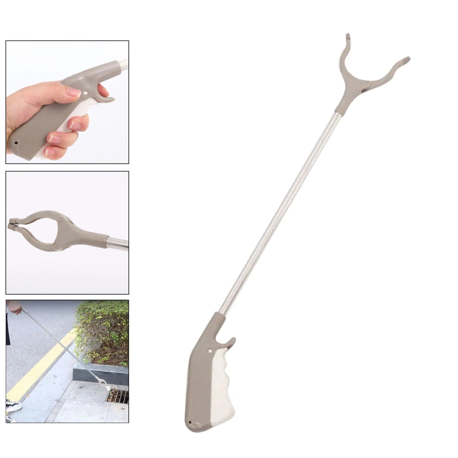 40cm long stainless steel and plastic garbage picker tool with push-type handle.