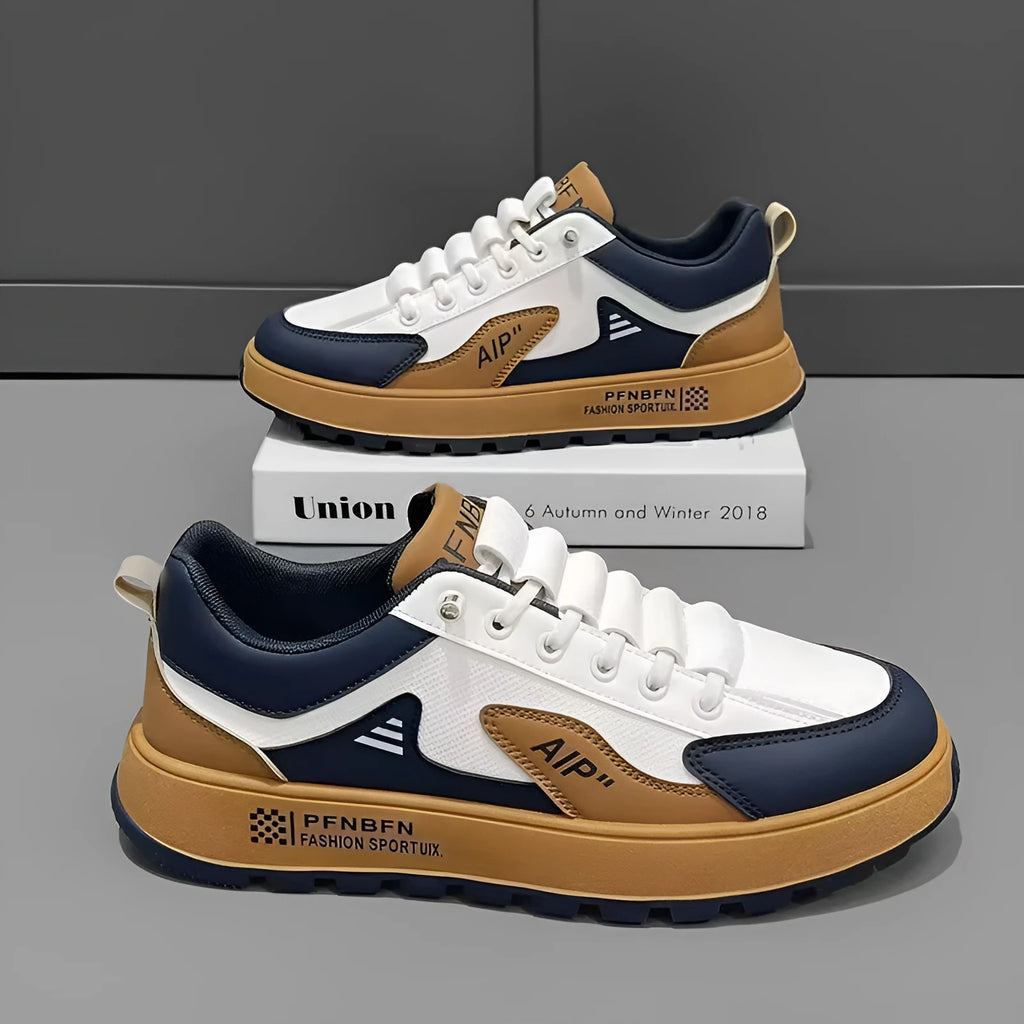 Men's white and orange round toe casual shoes made from artificial PU material