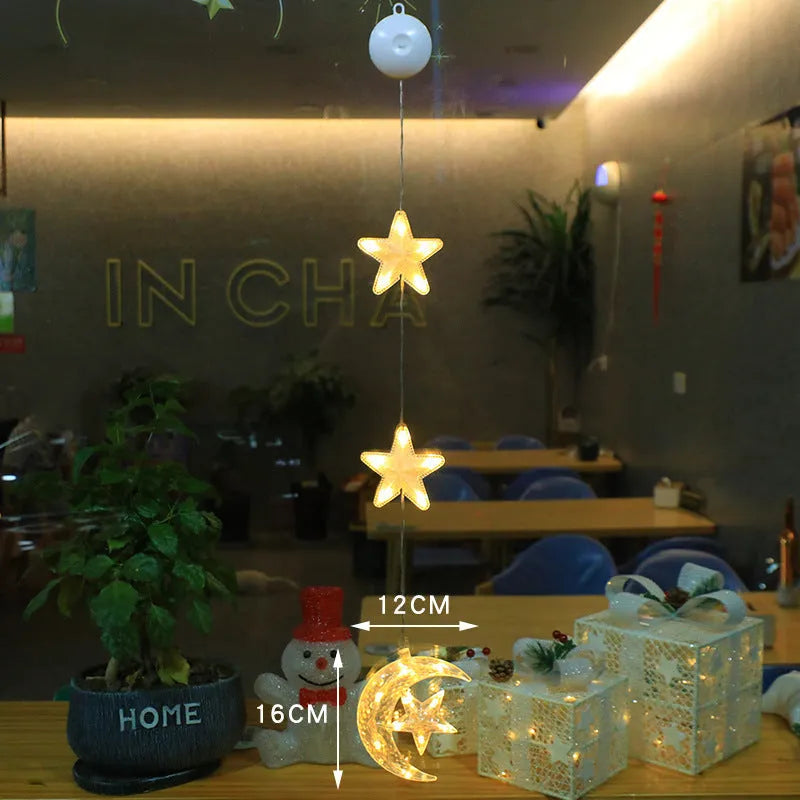 Christmas window lights with star-shaped LED pendants and suction cups for battery-operated festive decoration