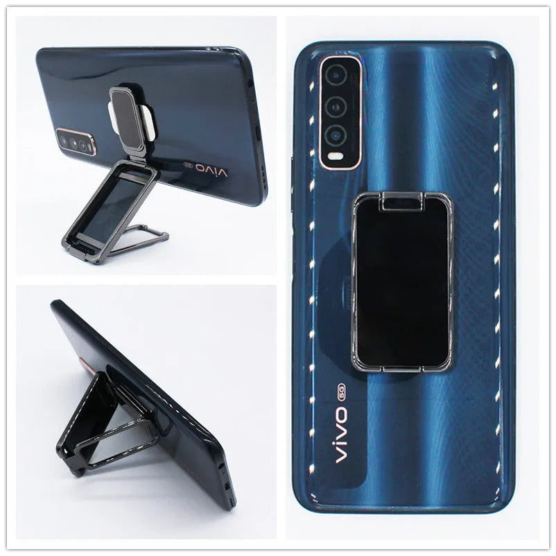 Silver foldable mobile phone holder with magnetic bracket showing adjustable viewing angles