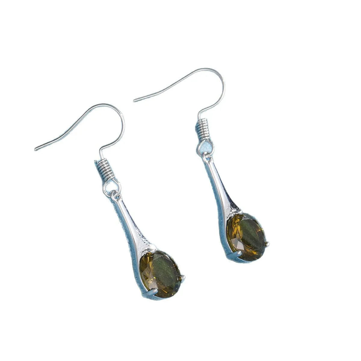 Olive green topaz drop earrings with water drop shape and minimalist retro design