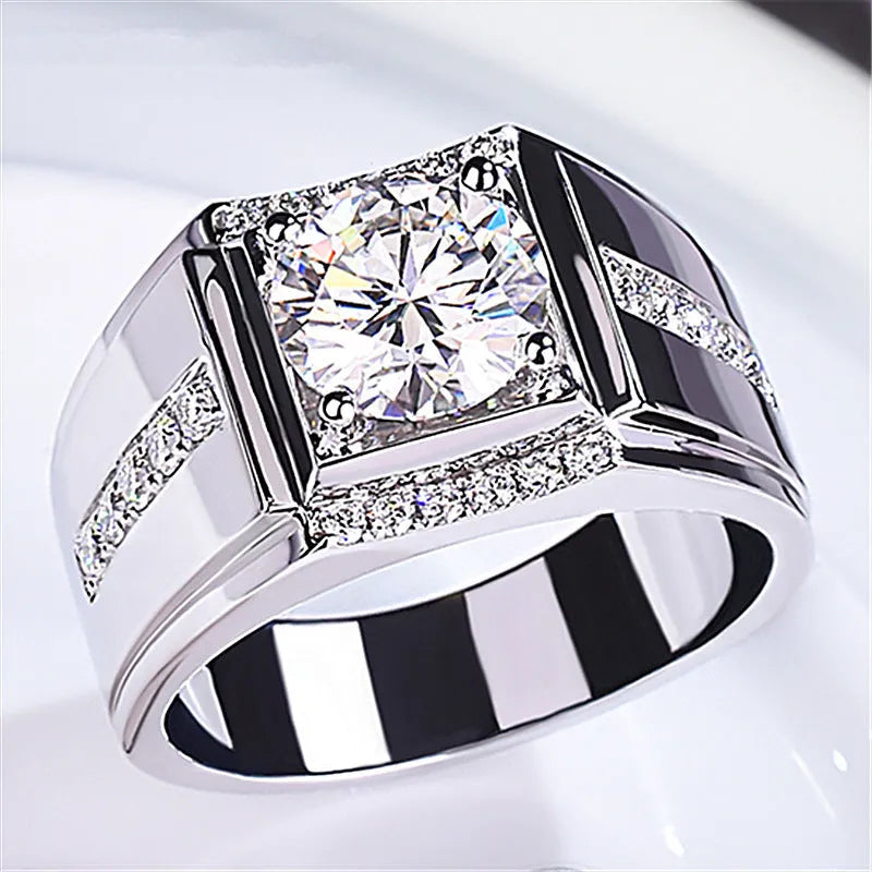 Men's adjustable geometric diamond ring in rose gold finish on a hand.