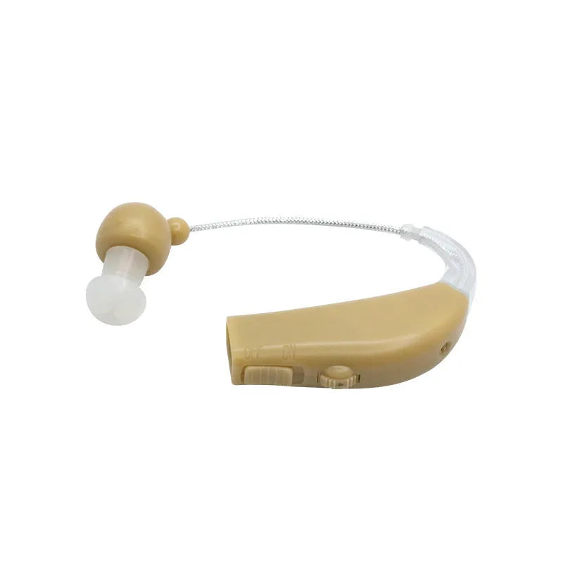 Black rechargeable hearing aid amplifier with silicone earplugs and a USB charging cable.
