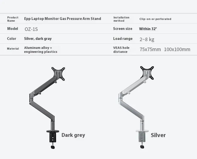 Silver aluminium computer stand with adjustable air pressure arm bracket for laptop support