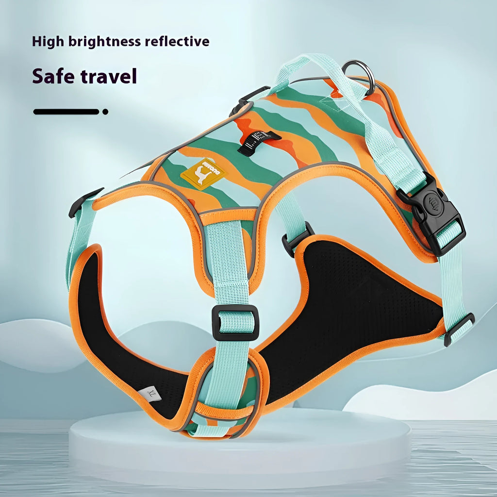 Orange dog harness with reflective strips and an integrated hand-holding rope on a dog's chest and back.