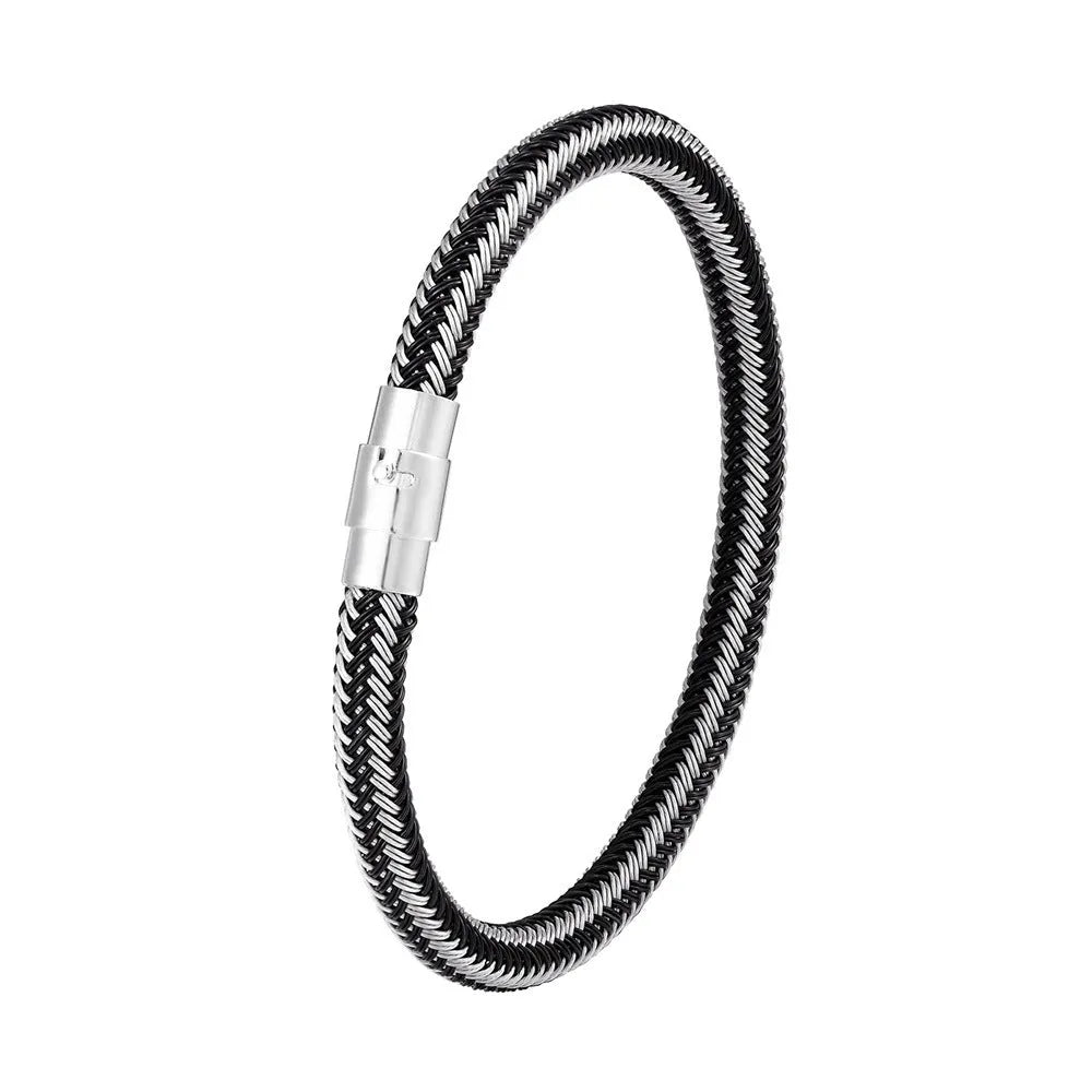 Men's titanium steel geometric bracelet with a magnetic clasp shown in one of four available colour finishes.