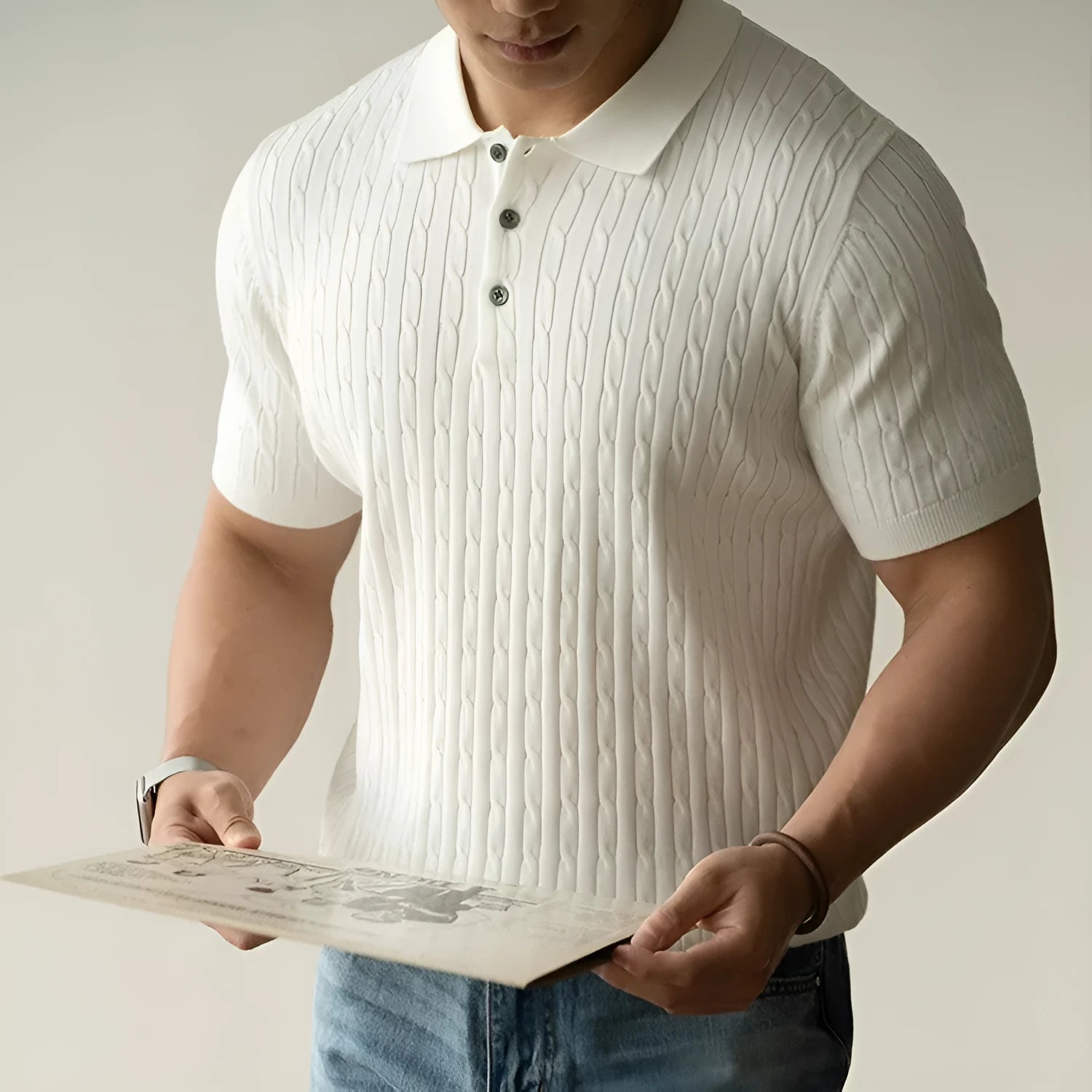 Men's khaki short sleeve top for business wear, showing front view on a model.