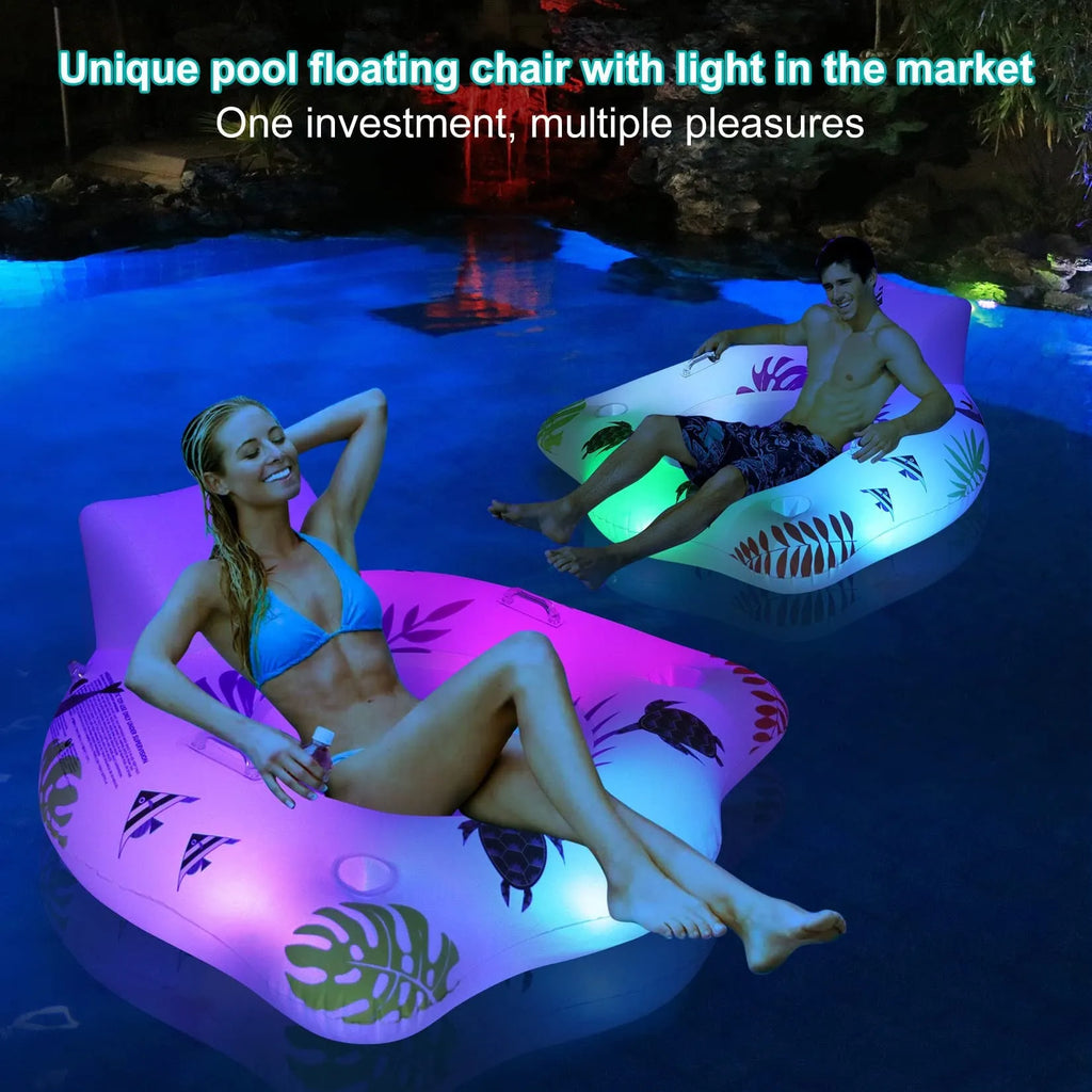 White luminous U-shaped inflatable PVC float for water, showing recliner seat design.