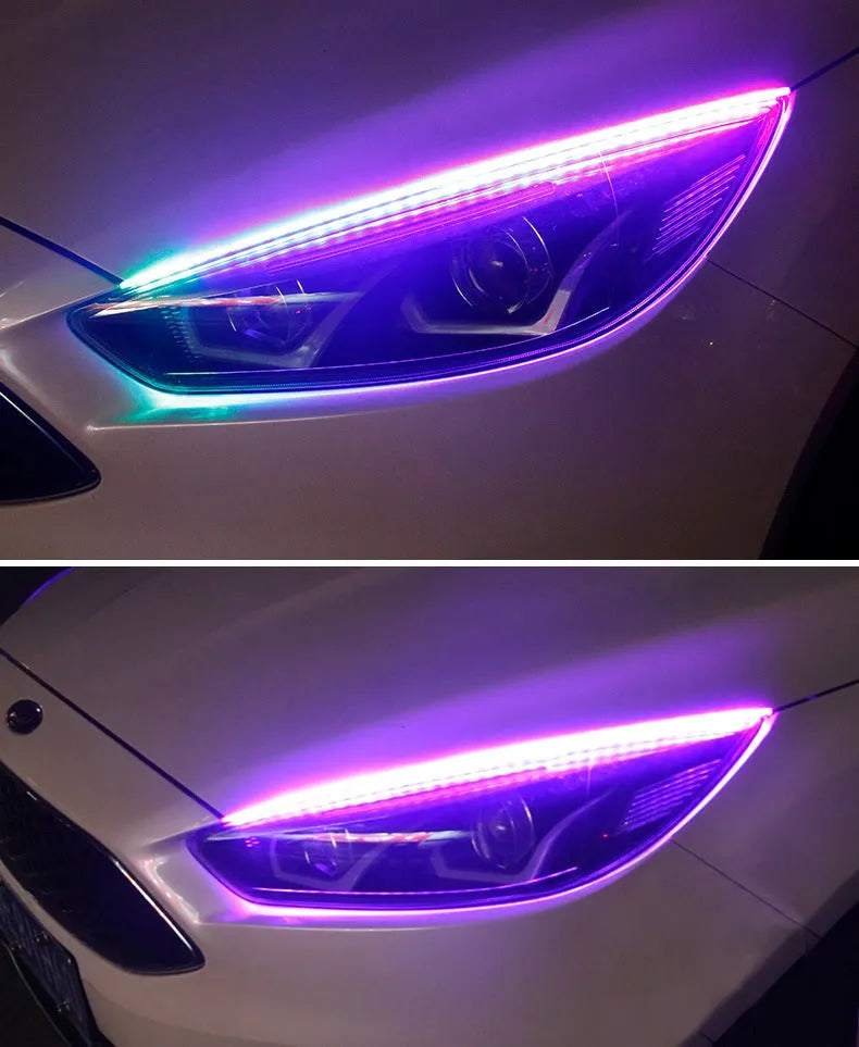 Universal LED daytime running light with remote control in RGB colours, shown in 30cm, 45cm, and 60cm sizes.