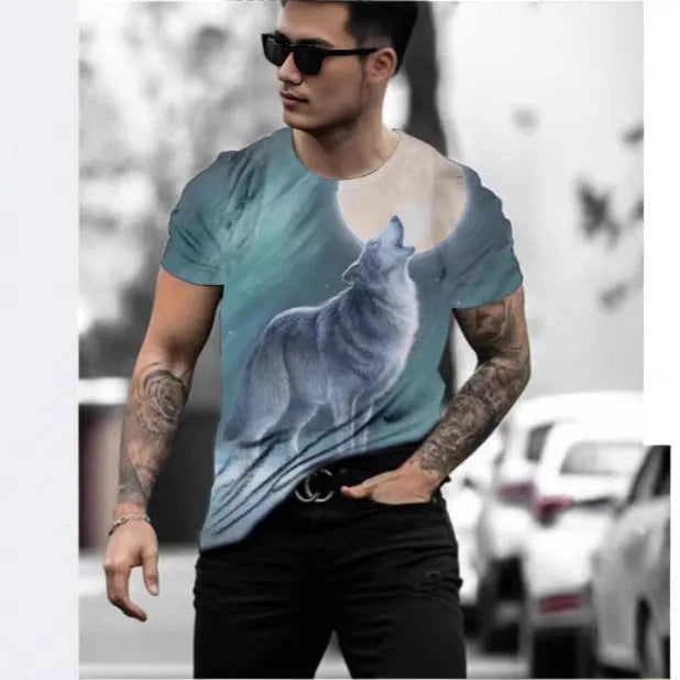 Men's grey t-shirt with a retro-style 3D lion graphic print on the front.