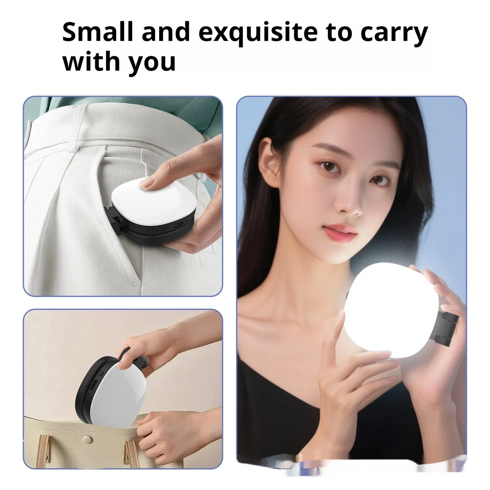 Black and white mini portable fill light with magnetic phone holder, showing three colour temperature buttons and a dimming slider.