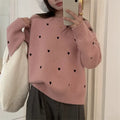 Women's loose grey acrylic pullover sweater with love-pattern embroidery on the front.
