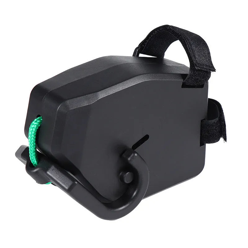 Black plastic and resin bicycle trailer connector rope for towing a child's trailer.