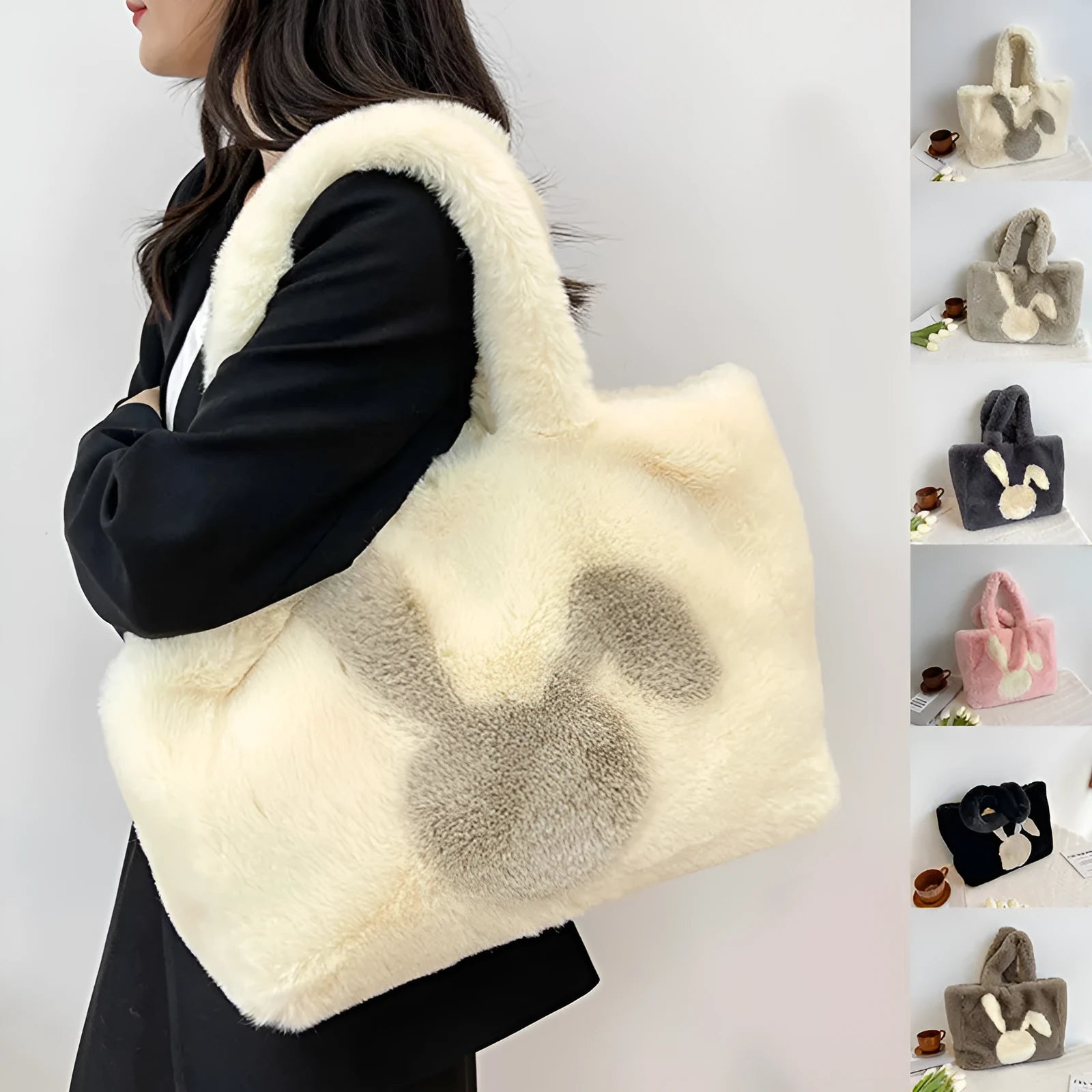 Women's plush rabbit ears tote bag with large shopping capacity in solid colour