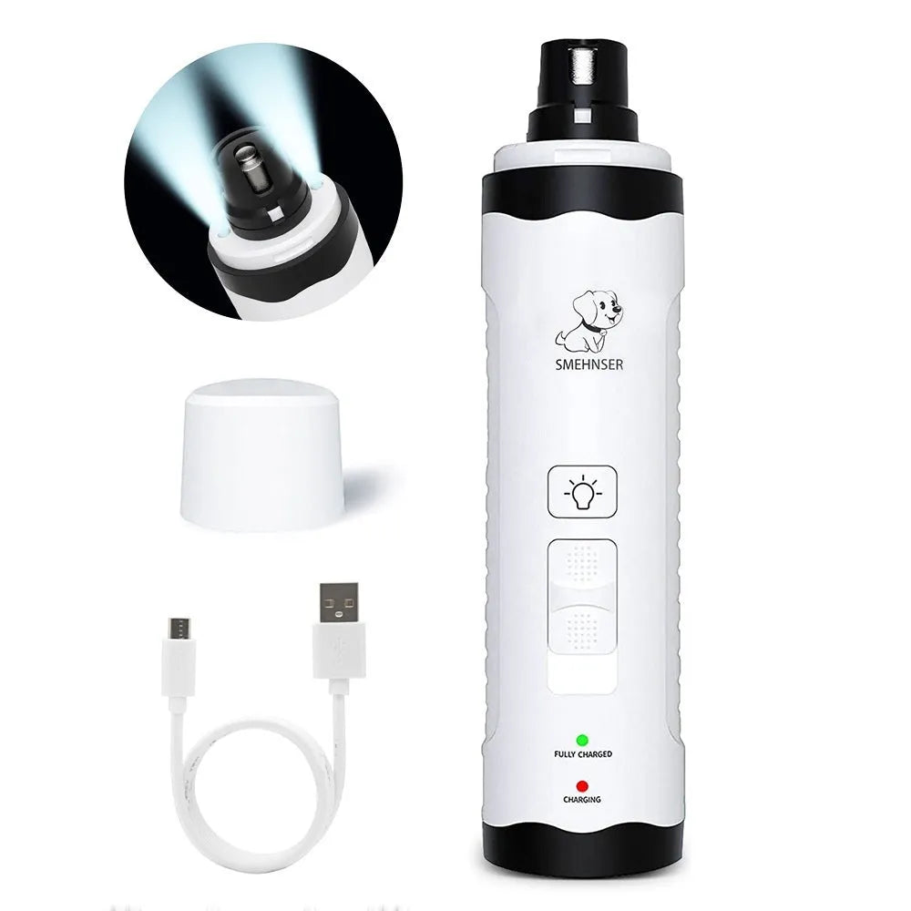 Automatic electric nail grinder for dogs with LED display and dust collection compartment.