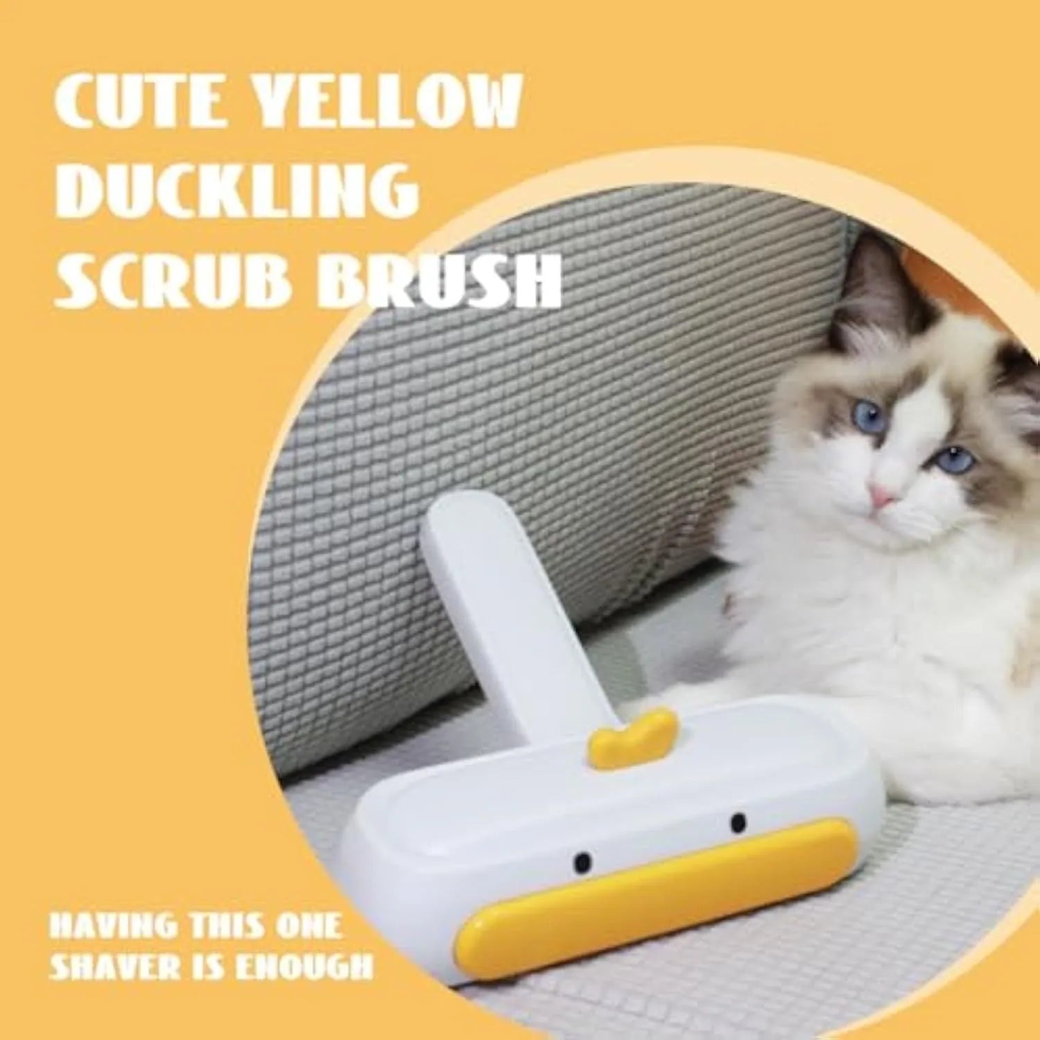 Yellow duck design portable pet hair remover tool with plastic body and bristles.